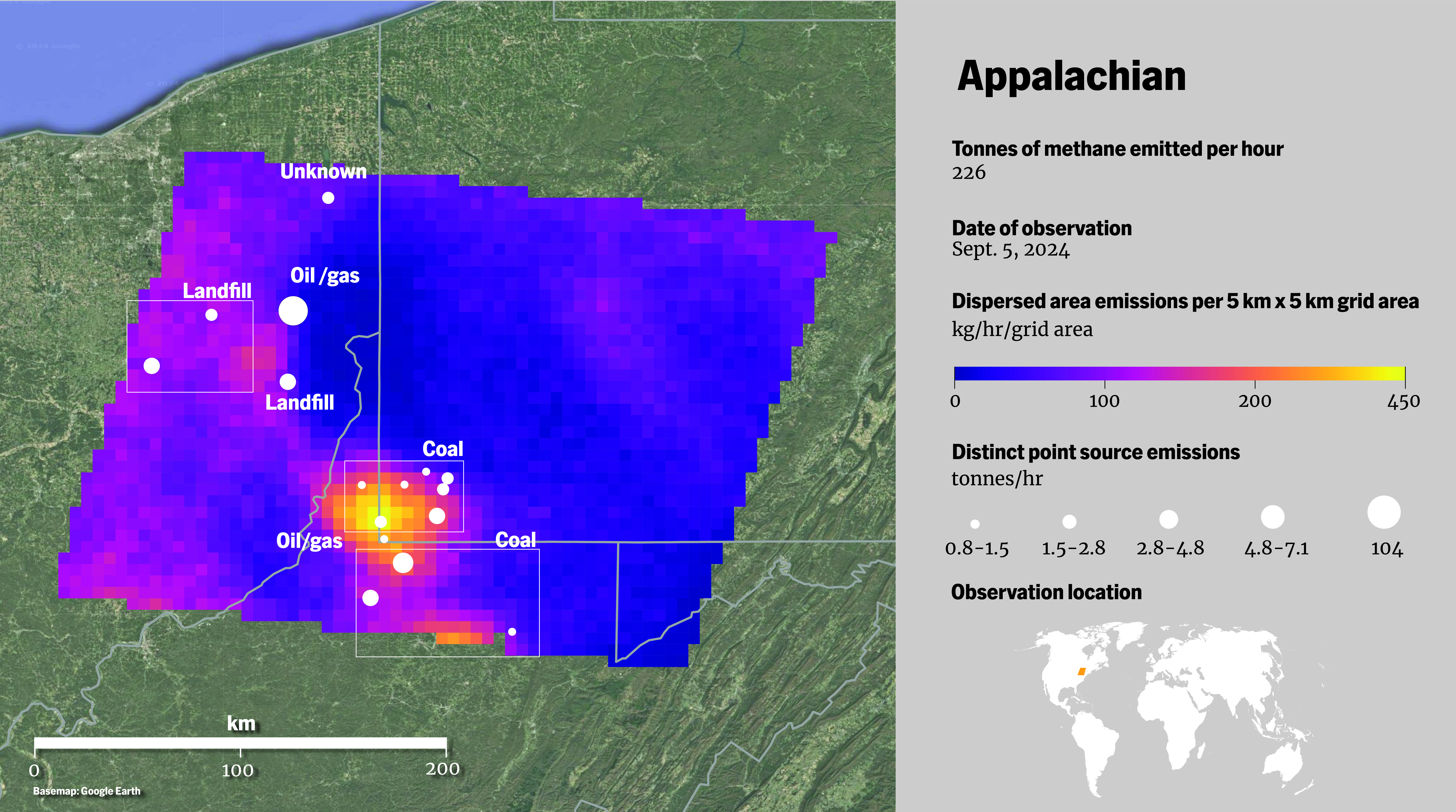 MethaneSAT data from the Appalachian basin (Sep. 5, 2024). MethaneSAT data from the Appalachian basin (Sep. 5, 2024).